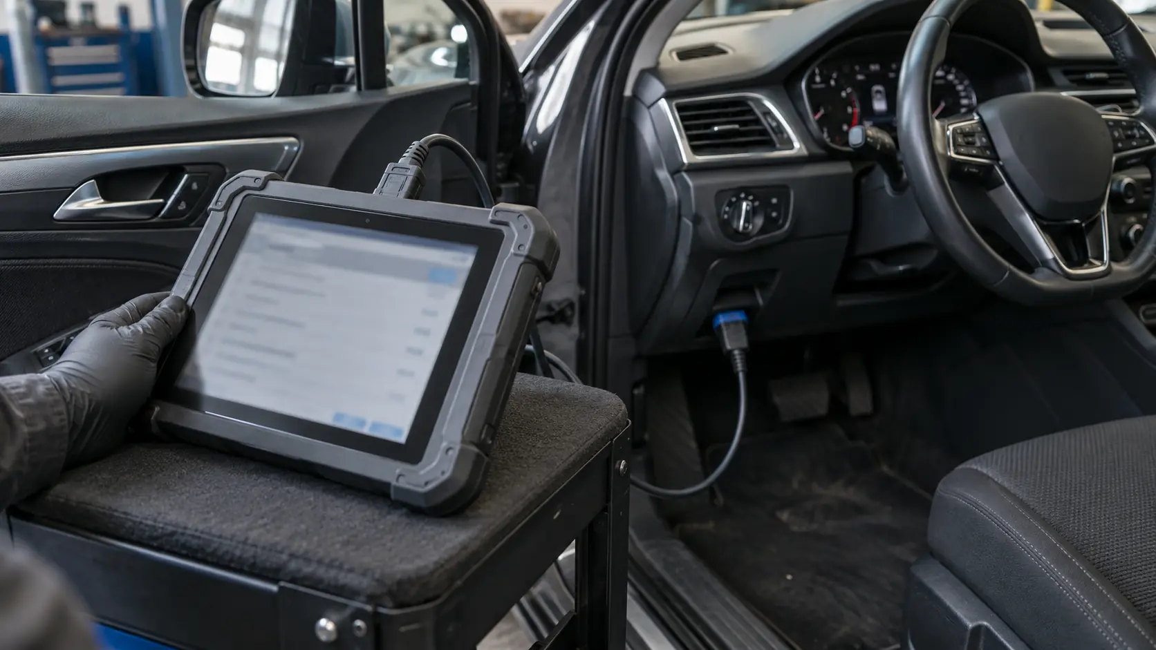 Arbeitssituation bei der Fahrzeugdiagnose in der Werkstatt.